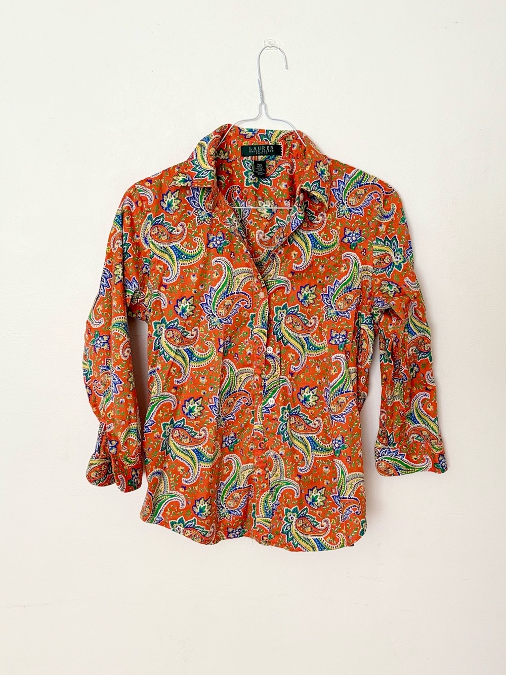 Lauren Ralph Lauren Top Orange Paisley Colorful 3/4 Sleeve XS Shirt